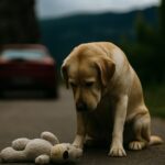 Un chien abandonné sur la route regarde sa peluche pendant que la voiture de ses maîtres s'en va