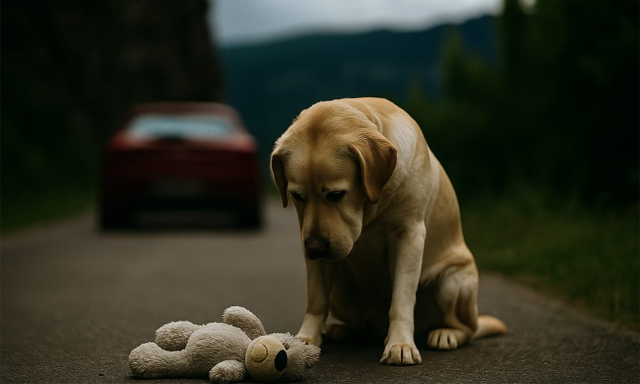 Un chien abandonné sur la route regarde sa peluche pendant que la voiture de ses maîtres s'en va