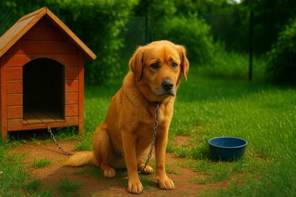 chien malheureux attaché dans un jardin