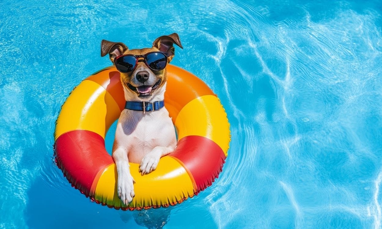 chien qui se baigne dans une piscine avec une bouée