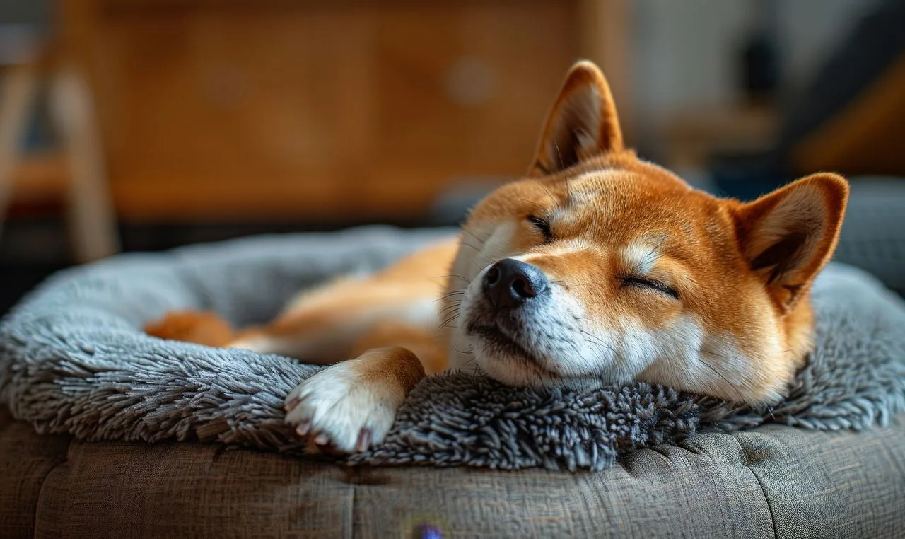 shiba inu qui dort dans un panier