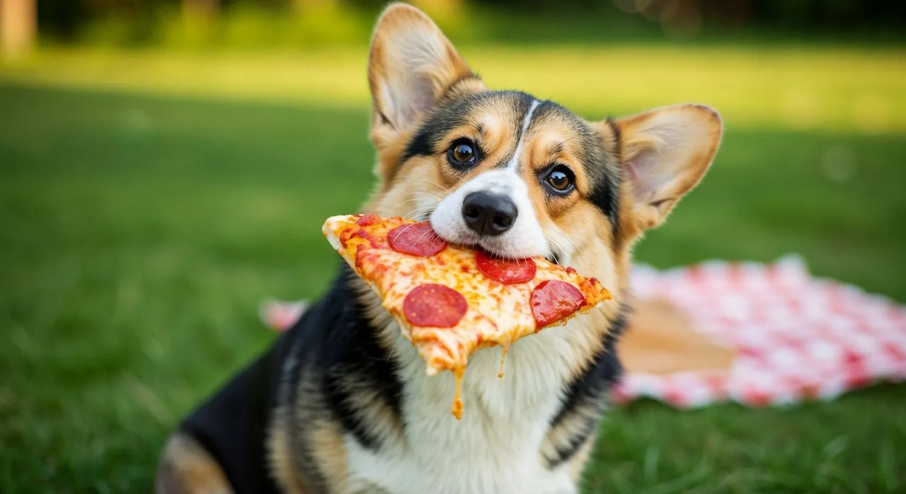 corgi mange une pizza