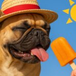 Un bouledogue français avec un chapeau de paille devant une glace sous un soleil de plomb