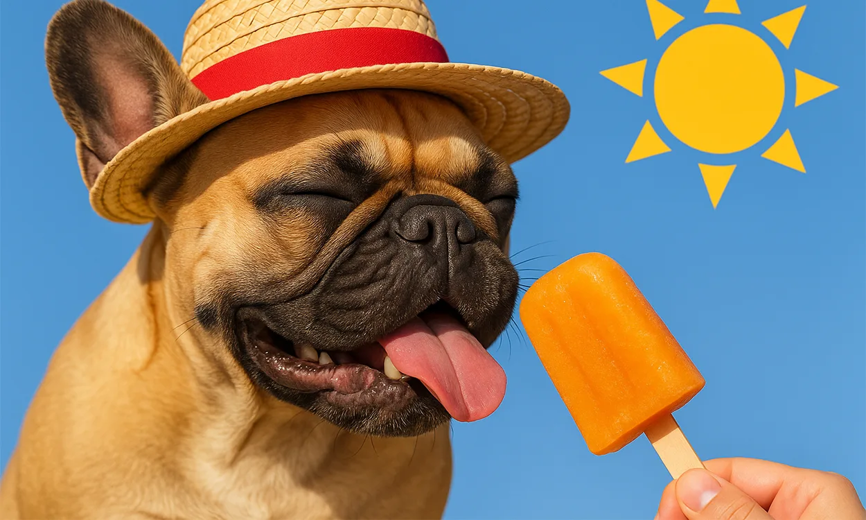 Un bouledogue français avec un chapeau de paille devant une glace sous un soleil de plomb