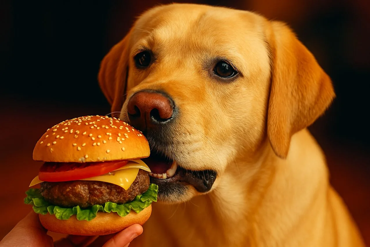 chien mange un hamburger